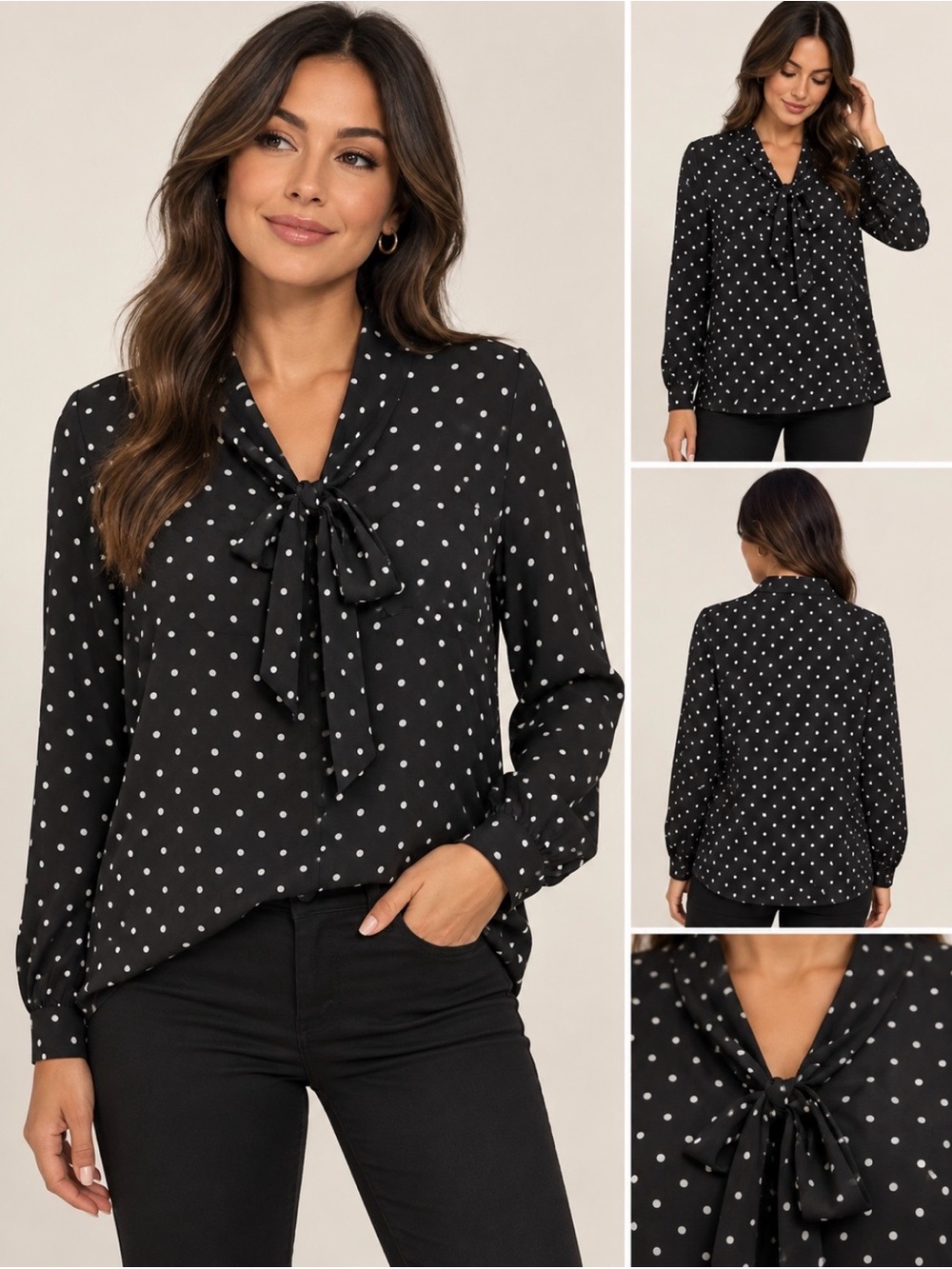 Mohito Basic Black White Polka Dot Tie Neck Blouse Size L EU 40